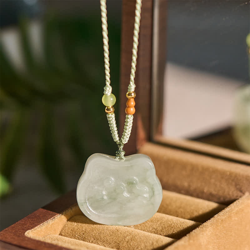Buddha Stones Collana intrecciata a mano con gatto e giada naturale, simbolo di armonia - image 4
