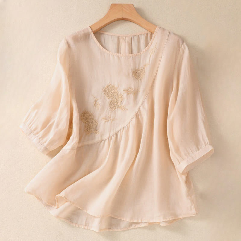 Camicia da donna a maniche corte con scollo rotondo e ricamo floreale "Buddha Stones". - PapayaWhip - US8-10, UK/AU12-14, EU40-42 (2XL) - image 22