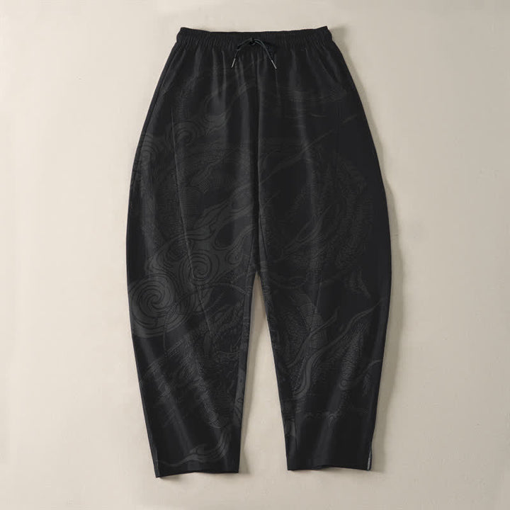 Buddha Stones Pantaloni da uomo affusolati con coulisse e tasche, in puro cotone, con motivo a onde del drago mistico. - image 2
