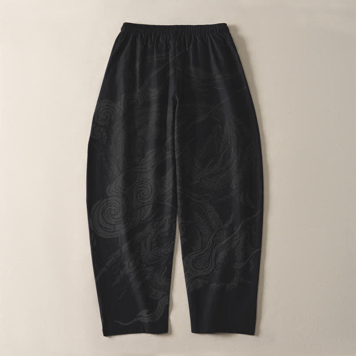 Buddha Stones Pantaloni da uomo affusolati con coulisse e tasche, in puro cotone, con motivo a onde del drago mistico. - image 3