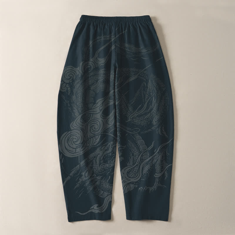 Buddha Stones Pantaloni da uomo affusolati con coulisse e tasche, in puro cotone, con motivo a onde del drago mistico. - image 10