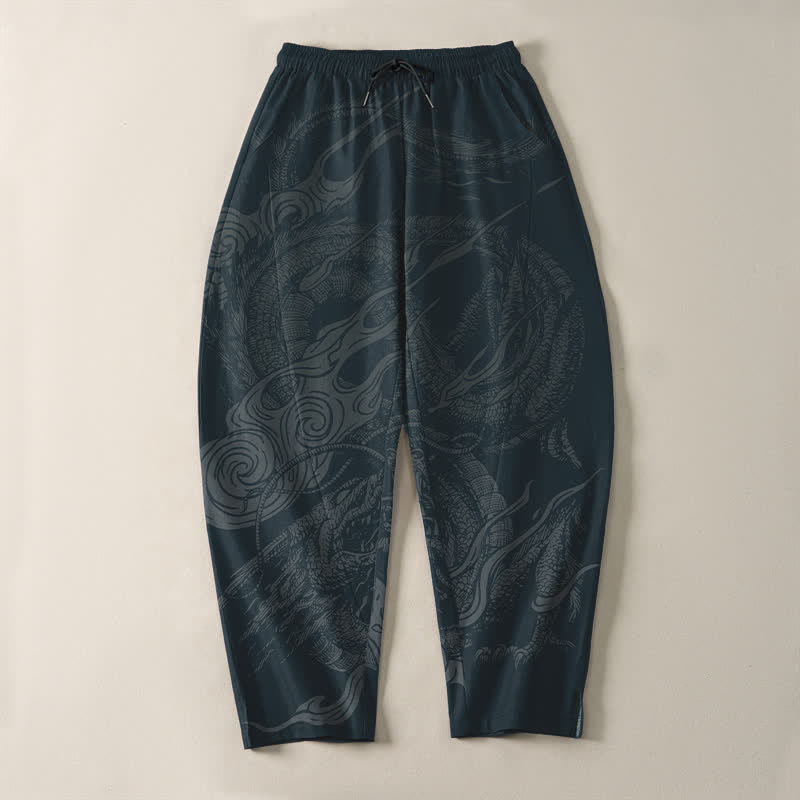 Buddha Stones Pantaloni da uomo affusolati con coulisse e tasche, in puro cotone, con motivo a onde del drago mistico. - image 9