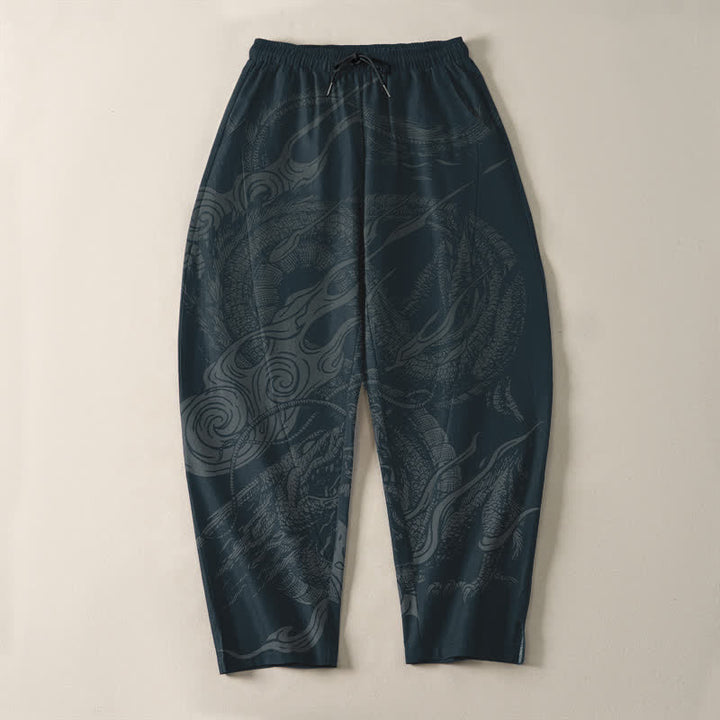 Buddha Stones Pantaloni da uomo affusolati con coulisse e tasche, in puro cotone, con motivo a onde del drago mistico. - image 9