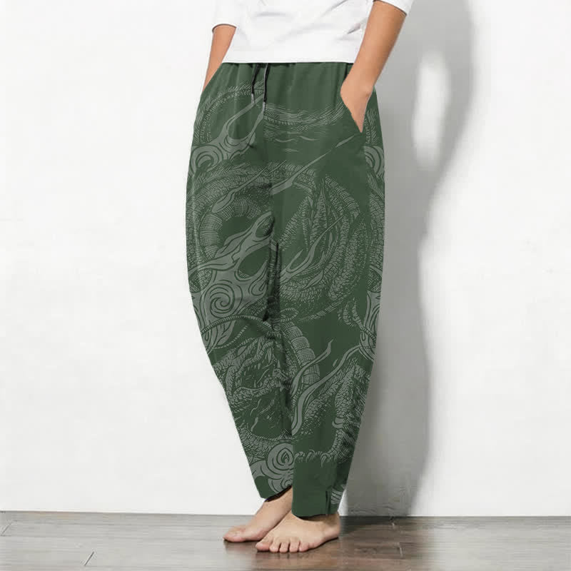 Buddha Stones Pantaloni da uomo affusolati con coulisse e tasche, in puro cotone, con motivo a onde del drago mistico. - image 12