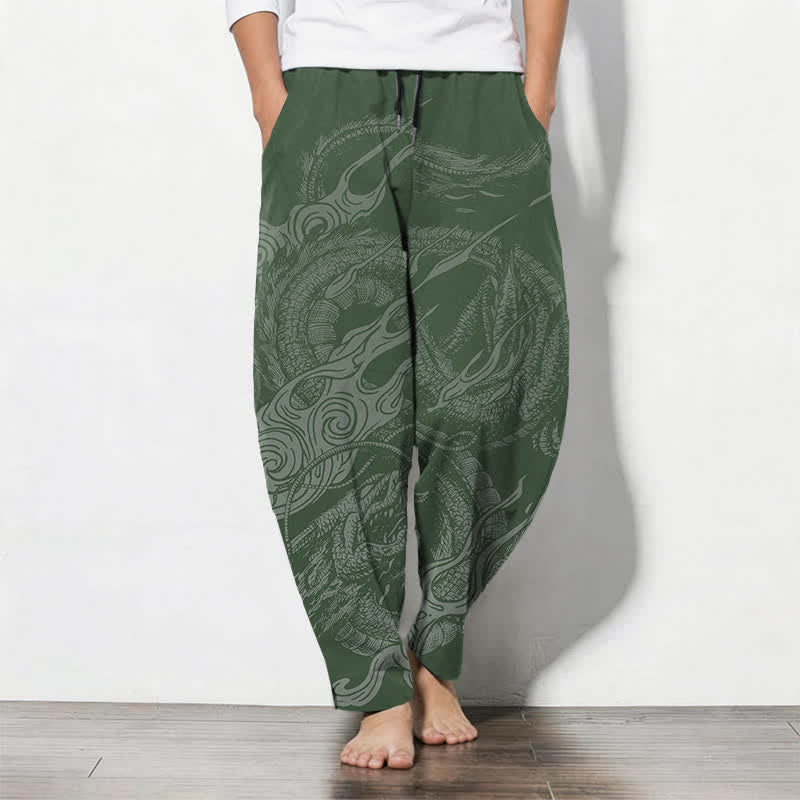 Buddha Stones Pantaloni da uomo affusolati con coulisse e tasche, in puro cotone, con motivo a onde del drago mistico. - Verde mare - US/UK/AU50, EU60 (5XL) - image 11