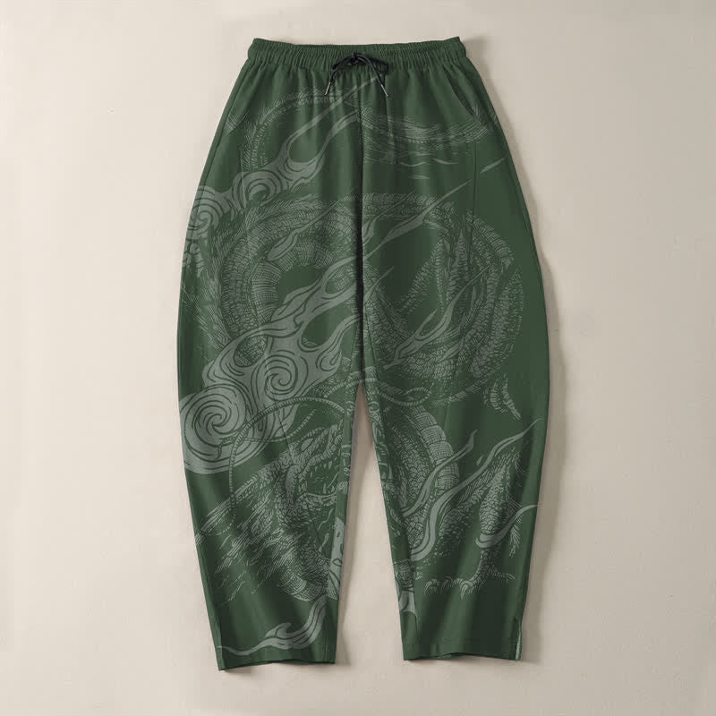 Buddha Stones Pantaloni da uomo affusolati con coulisse e tasche, in puro cotone, con motivo a onde del drago mistico. - image 13