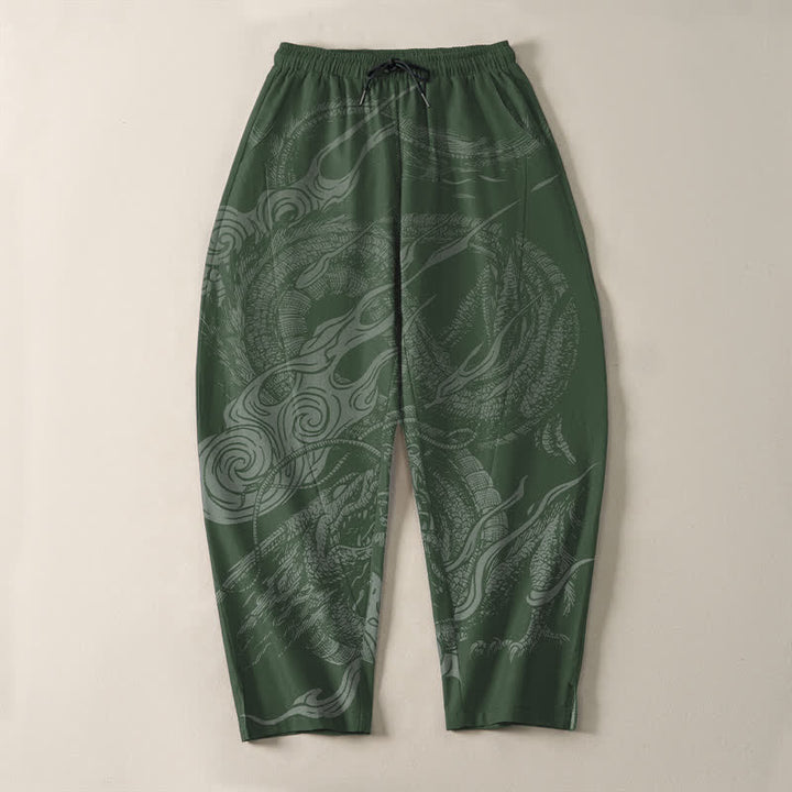 Buddha Stones Pantaloni da uomo affusolati con coulisse e tasche, in puro cotone, con motivo a onde del drago mistico. - image 13