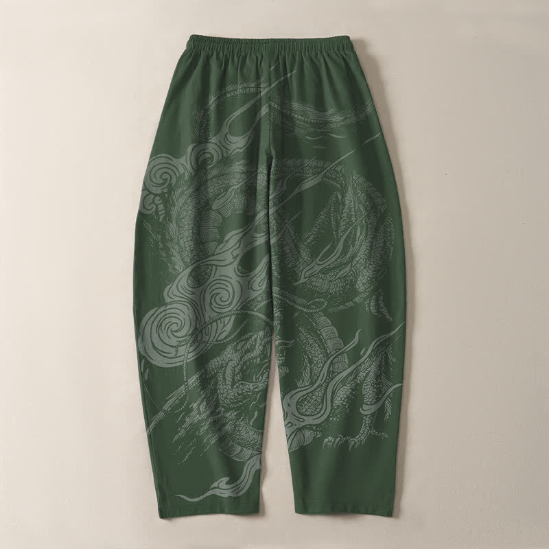 Buddha Stones Pantaloni da uomo affusolati con coulisse e tasche, in puro cotone, con motivo a onde del drago mistico. - image 14