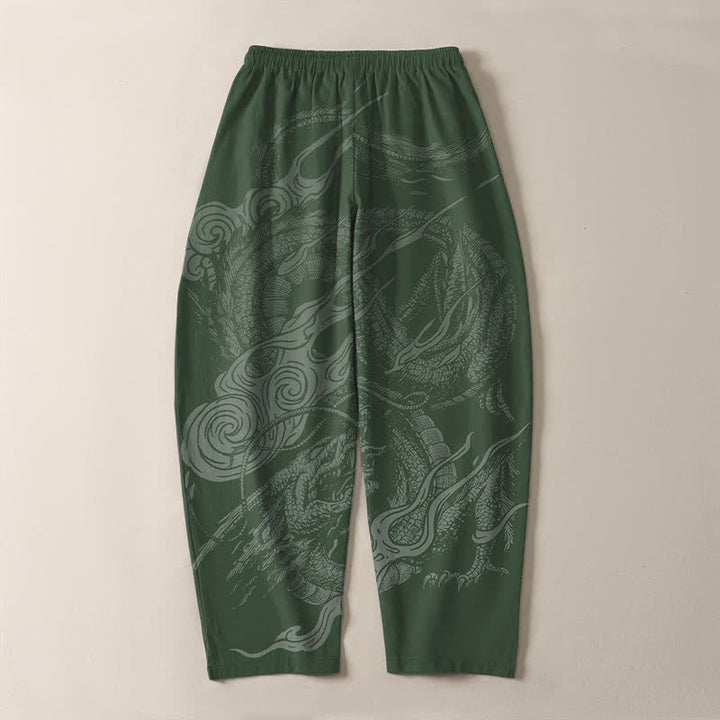 Buddha Stones Pantaloni da uomo affusolati con coulisse e tasche, in puro cotone, con motivo a onde del drago mistico. - image 14