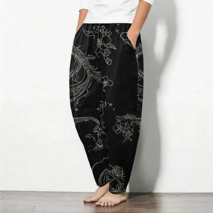 Buddha Stones Pantaloni da uomo affusolati in puro cotone con coulisse e tasche, fantasia floreale a onde con carpe koi. - image 1