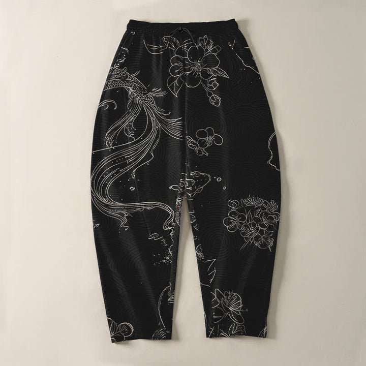 Buddha Stones Pantaloni da uomo affusolati in puro cotone con coulisse e tasche, fantasia floreale a onde con carpe koi. - image 2