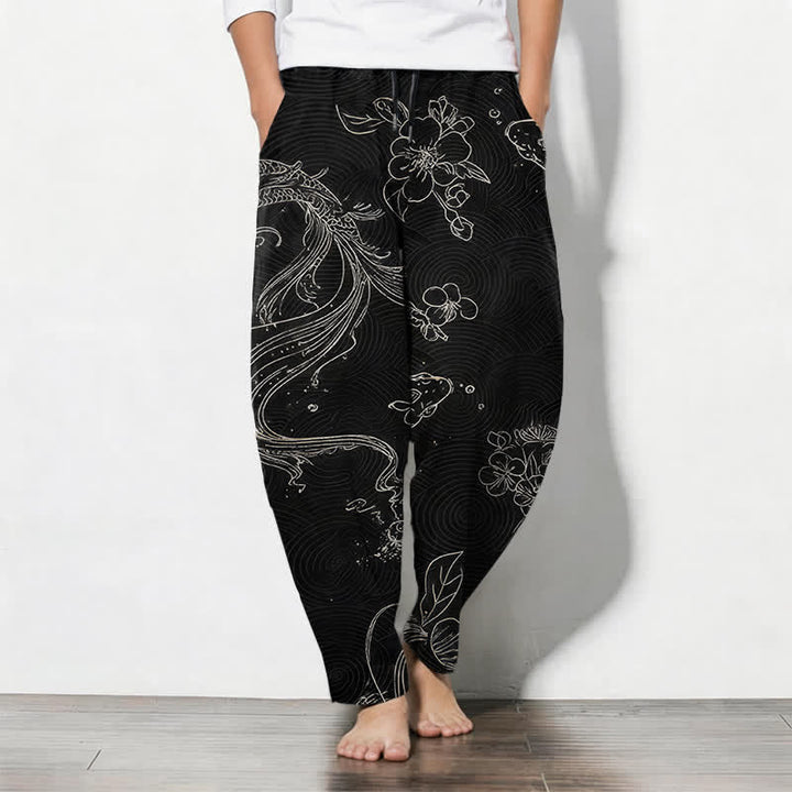 Buddha Stones Pantaloni da uomo affusolati in puro cotone con coulisse e tasche, fantasia floreale a onde con carpe koi. - Nero - US/UK/AU50, EU60 (5XL) - image 0
