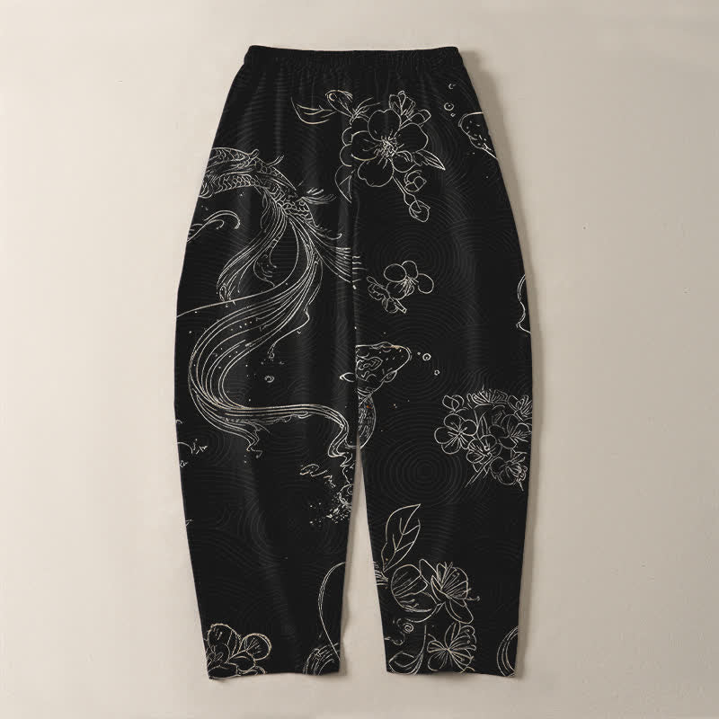 Buddha Stones Pantaloni da uomo affusolati in puro cotone con coulisse e tasche, fantasia floreale a onde con carpe koi. - image 3
