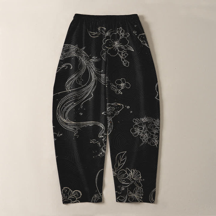 Buddha Stones Pantaloni da uomo affusolati in puro cotone con coulisse e tasche, fantasia floreale a onde con carpe koi. - image 3