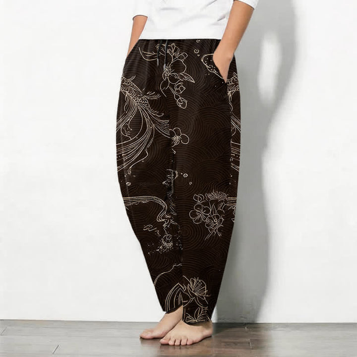 Buddha Stones Pantaloni da uomo affusolati in puro cotone con coulisse e tasche, fantasia floreale a onde con carpe koi. - image 8