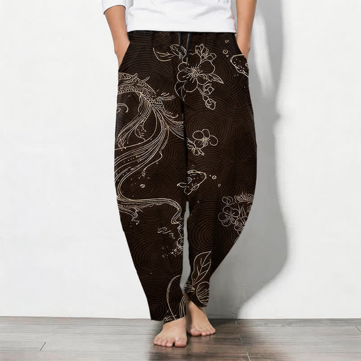 Buddha Stones Pantaloni da uomo affusolati in puro cotone con coulisse e tasche, fantasia floreale a onde con carpe koi. - Marrone sella - US/UK/AU50, EU60 (5XL) - image 7