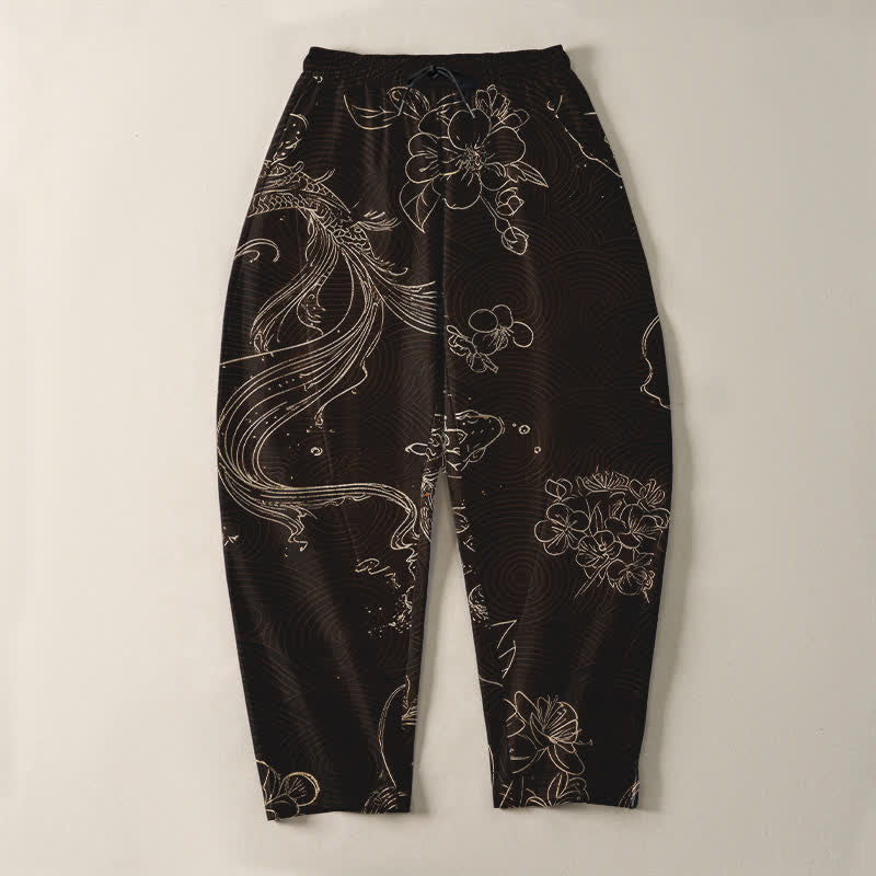 Buddha Stones Pantaloni da uomo affusolati in puro cotone con coulisse e tasche, fantasia floreale a onde con carpe koi. - image 9