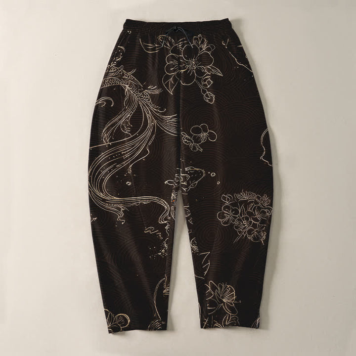 Buddha Stones Pantaloni da uomo affusolati in puro cotone con coulisse e tasche, fantasia floreale a onde con carpe koi. - image 9