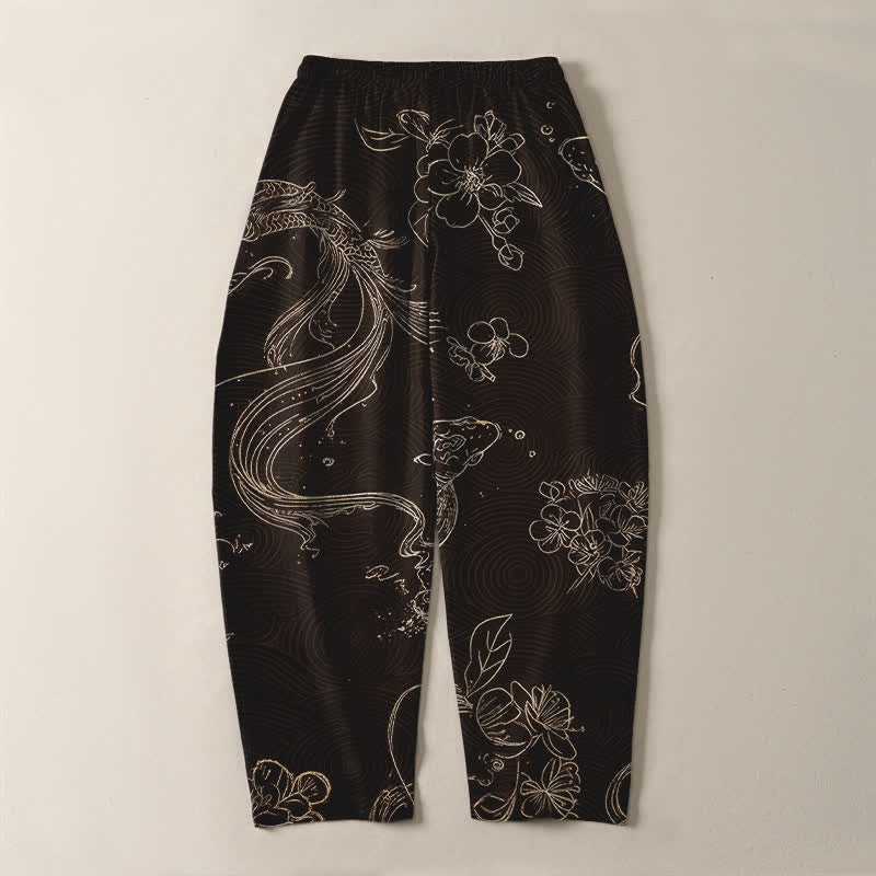 Buddha Stones Pantaloni da uomo affusolati in puro cotone con coulisse e tasche, fantasia floreale a onde con carpe koi. - image 10