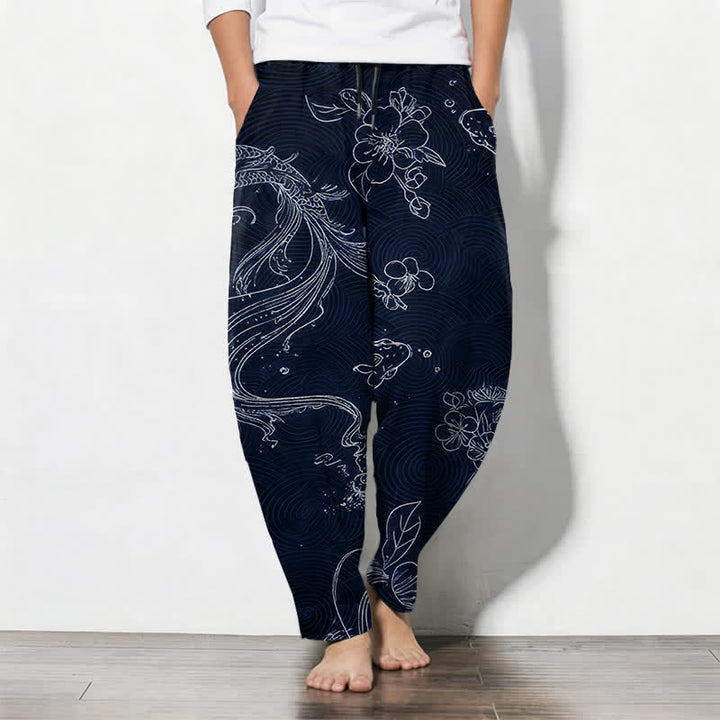 Buddha Stones Pantaloni da uomo affusolati in puro cotone con coulisse e tasche, fantasia floreale a onde con carpe koi. - Marina - US/UK/AU50, EU60 (5XL) - image 11