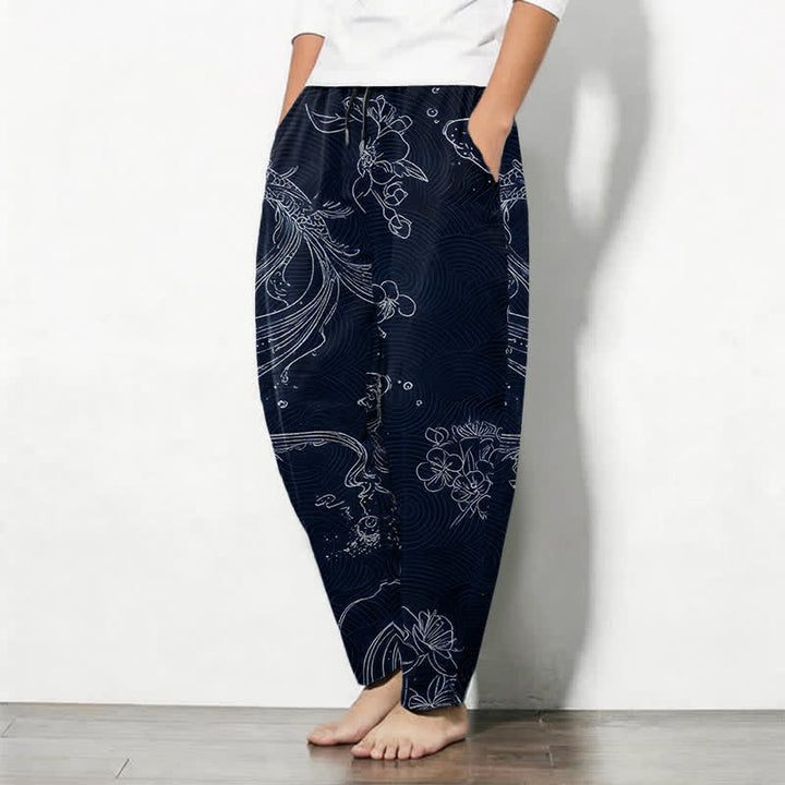 Buddha Stones Pantaloni da uomo affusolati in puro cotone con coulisse e tasche, fantasia floreale a onde con carpe koi. - image 12