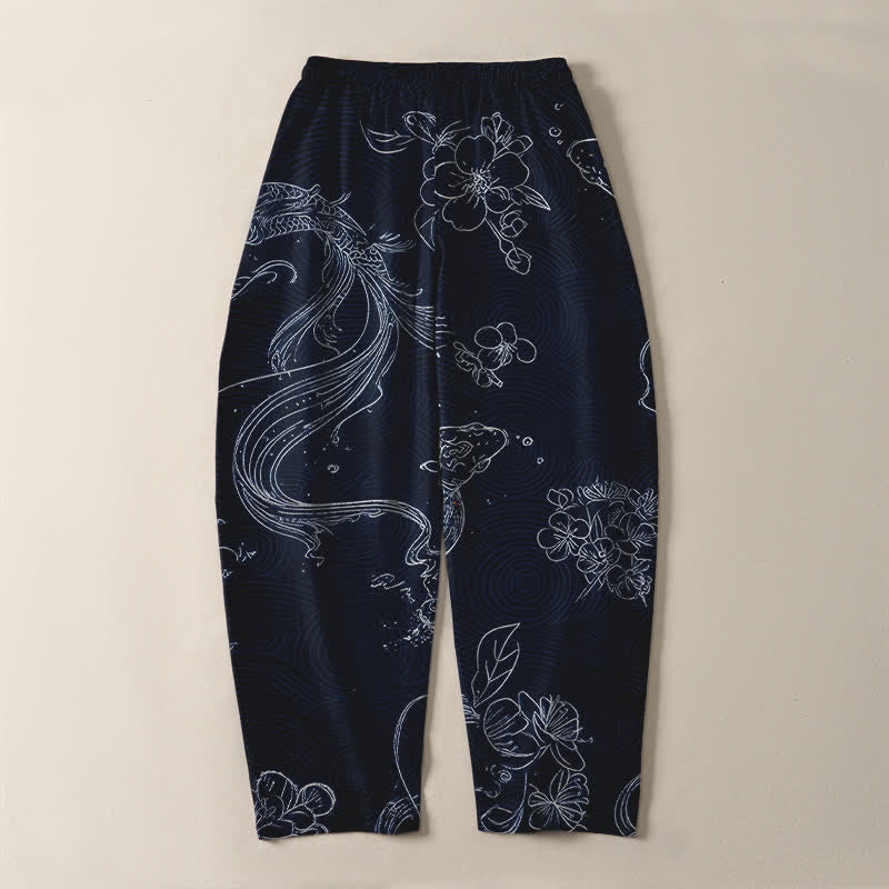 Buddha Stones Pantaloni da uomo affusolati in puro cotone con coulisse e tasche, fantasia floreale a onde con carpe koi. - image 14