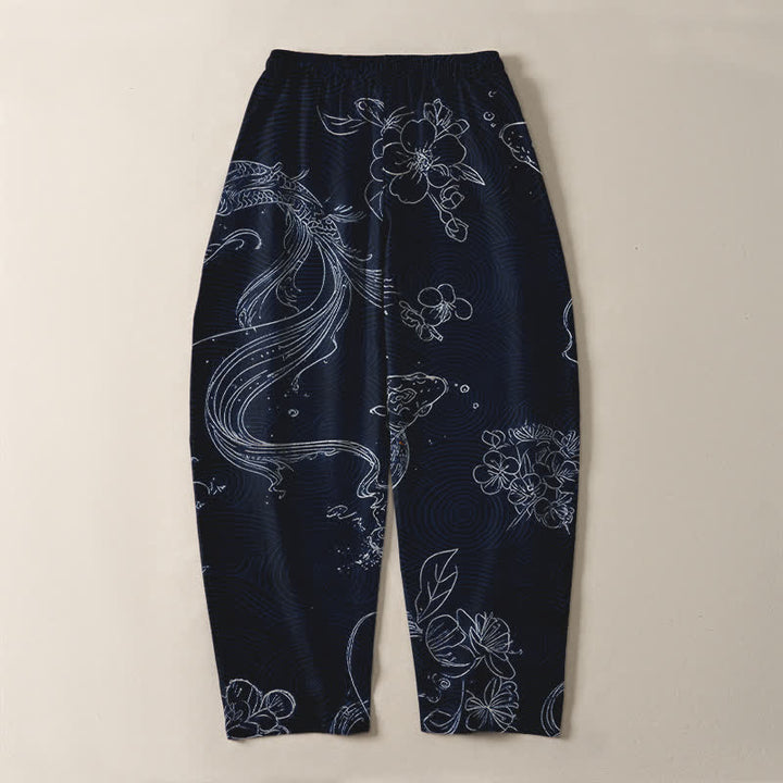 Buddha Stones Pantaloni da uomo affusolati in puro cotone con coulisse e tasche, fantasia floreale a onde con carpe koi. - image 14