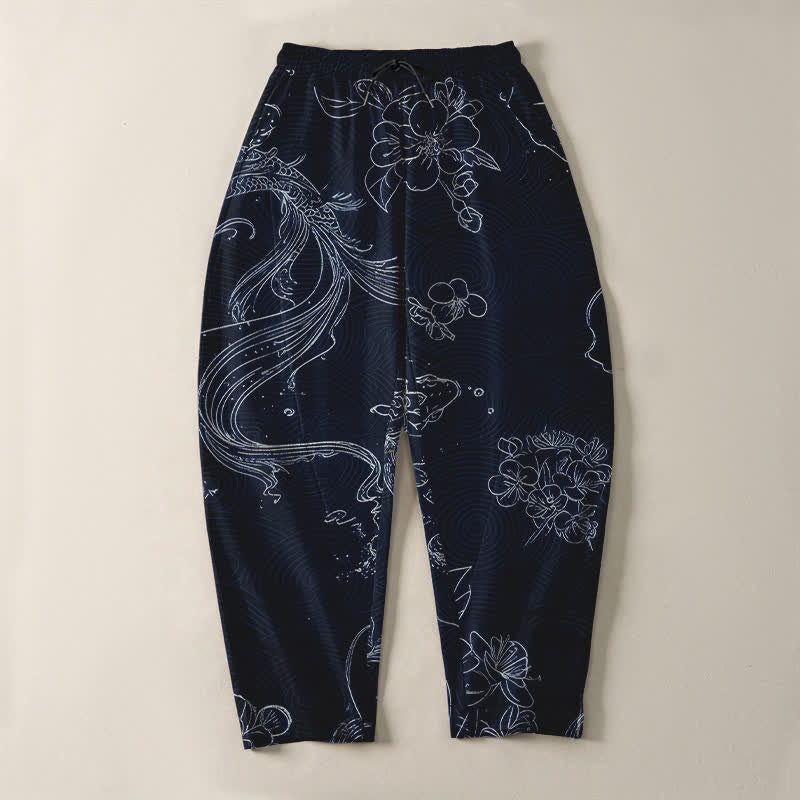 Buddha Stones Pantaloni da uomo affusolati in puro cotone con coulisse e tasche, fantasia floreale a onde con carpe koi. - image 13