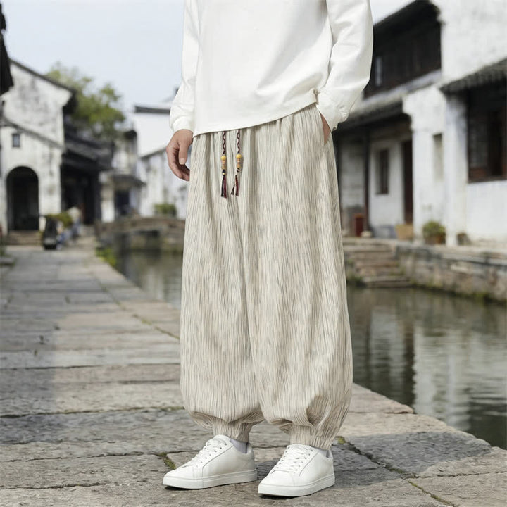 Buddha Stones Pantaloni harem da uomo a tinta unita, casual, vintage, con coulisse, per primavera e autunno, con tasche. - Grano - Regolare - US/UK/AU48, EU58 (6XL) - image 22