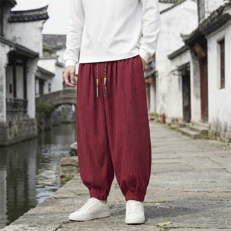 Buddha Stones Pantaloni harem da uomo a tinta unita, casual, vintage, con coulisse, per primavera e autunno, con tasche. - FireBrick - Regolare - US/UK/AU48, EU58 (6XL) - image 14