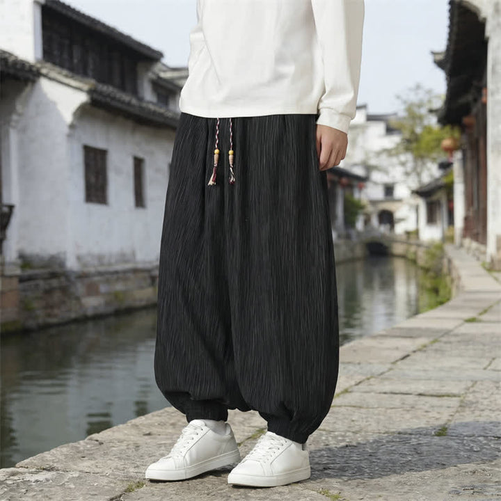 Buddha Stones Pantaloni harem da uomo a tinta unita, casual, vintage, con coulisse, per primavera e autunno, con tasche. - Nero - Regolare - US/UK/AU48, EU58 (6XL) - image 7