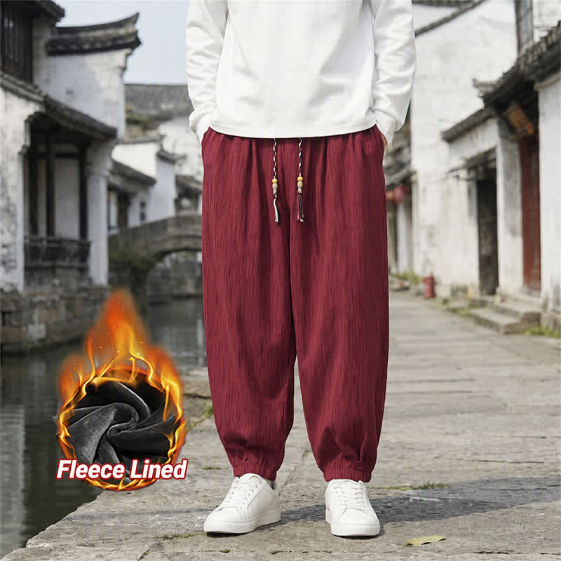 Buddha Stones Pantaloni harem da uomo a tinta unita, casual, vintage, con coulisse, per primavera e autunno, con tasche. - FireBrick - Foderato in pile - US/UK/AU48, EU58 (6XL) - image 33