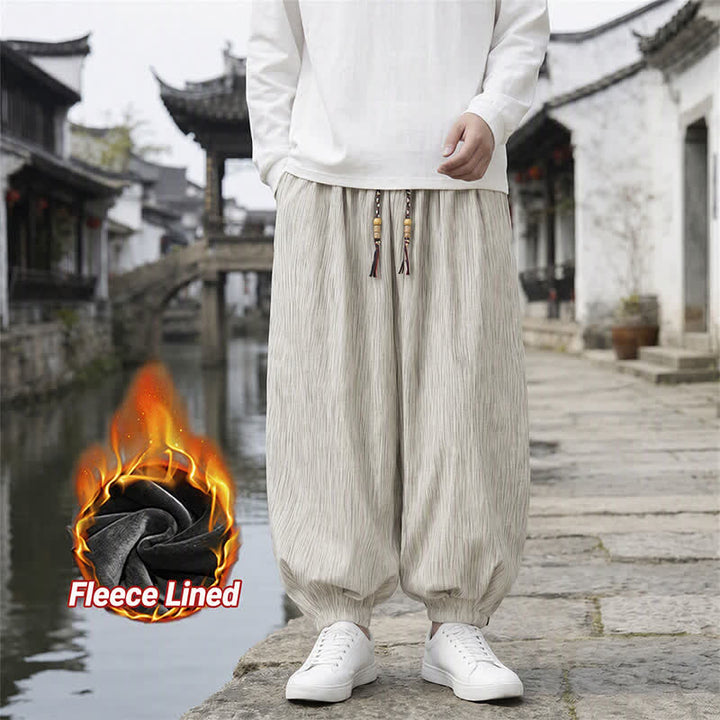 Buddha Stones Pantaloni harem da uomo a tinta unita, casual, vintage, con coulisse, per primavera e autunno, con tasche. - Grano - Foderato in pile - US/UK/AU48, EU58 (6XL) - image 34