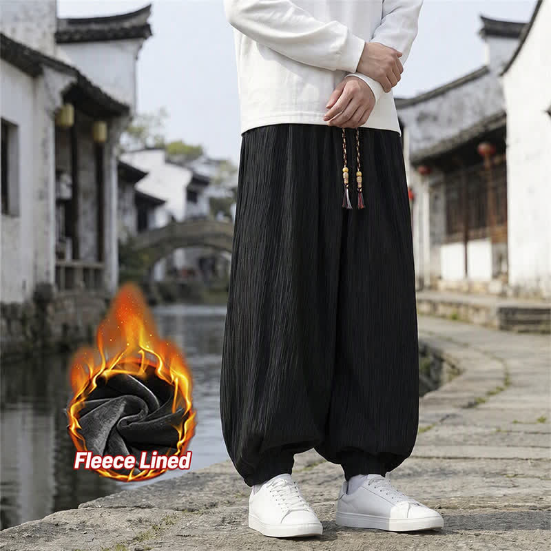 Buddha Stones Pantaloni harem da uomo a tinta unita, casual, vintage, con coulisse, per primavera e autunno, con tasche. - Nero - Foderato in pile - US/UK/AU48, EU58 (6XL) - image 31