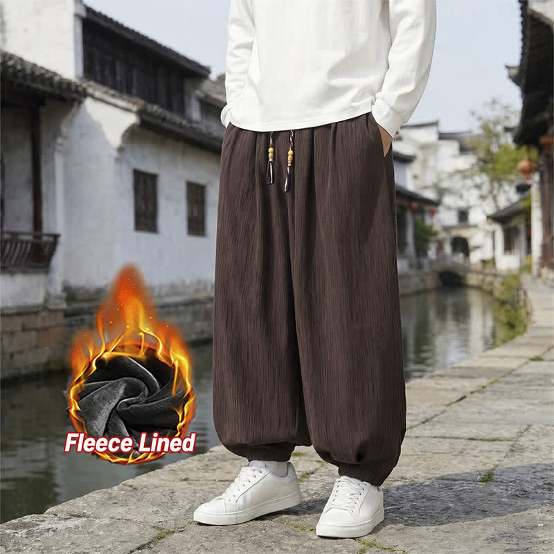 Buddha Stones Pantaloni harem da uomo a tinta unita, casual, vintage, con coulisse, per primavera e autunno, con tasche. - Siena - Foderato in pile - US/UK/AU48, EU58 (6XL) - image 29