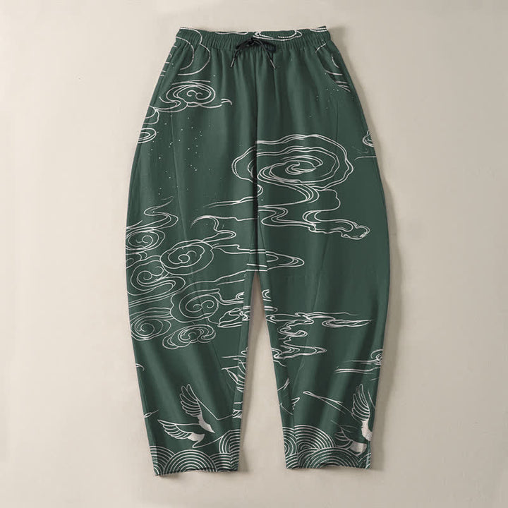 Buddha Stones Pantaloni da uomo affusolati con coulisse e tasche, in puro cotone, con motivo "Nuvola di buon auspicio: Gru", motivo a nuvola e gru. - image 2