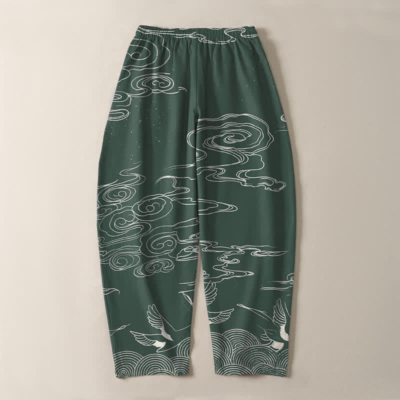 Buddha Stones Pantaloni da uomo affusolati con coulisse e tasche, in puro cotone, con motivo "Nuvola di buon auspicio: Gru", motivo a nuvola e gru. - image 3