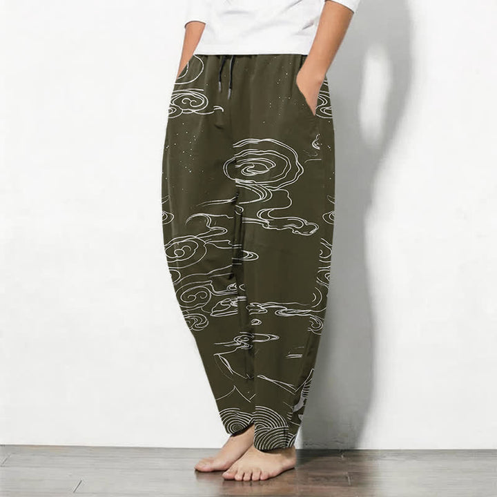 Buddha Stones Pantaloni da uomo affusolati con coulisse e tasche, in puro cotone, con motivo "Nuvola di buon auspicio: Gru", motivo a nuvola e gru. - image 8