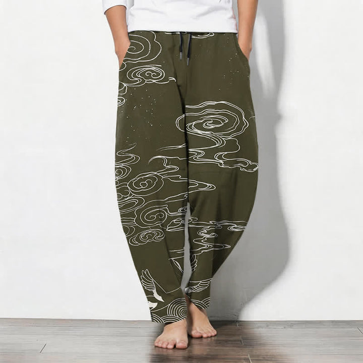 Buddha Stones Pantaloni da uomo affusolati con coulisse e tasche, in puro cotone, con motivo "Nuvola di buon auspicio: Gru", motivo a nuvola e gru. - Verde oliva scuro - US/UK/AU50, EU60 (5XL) - image 7