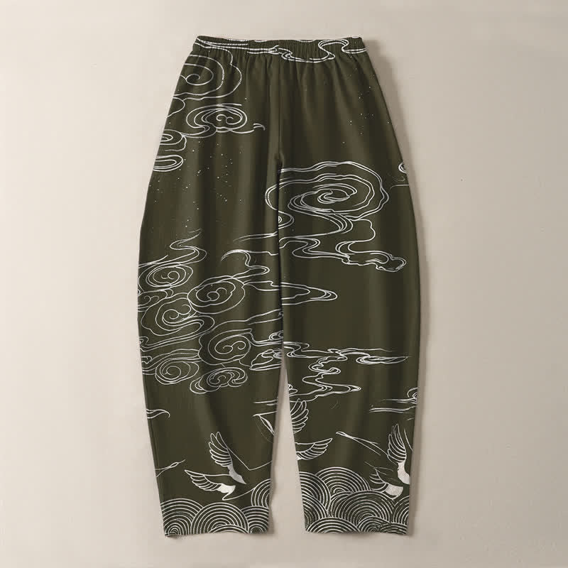 Buddha Stones Pantaloni da uomo affusolati con coulisse e tasche, in puro cotone, con motivo "Nuvola di buon auspicio: Gru", motivo a nuvola e gru. - image 10