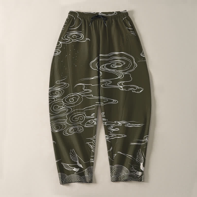 Buddha Stones Pantaloni da uomo affusolati con coulisse e tasche, in puro cotone, con motivo "Nuvola di buon auspicio: Gru", motivo a nuvola e gru. - image 9