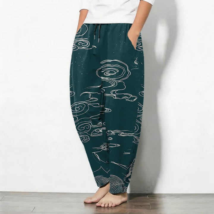 Buddha Stones Pantaloni da uomo affusolati con coulisse e tasche, in puro cotone, con motivo "Nuvola di buon auspicio: Gru", motivo a nuvola e gru. - image 12