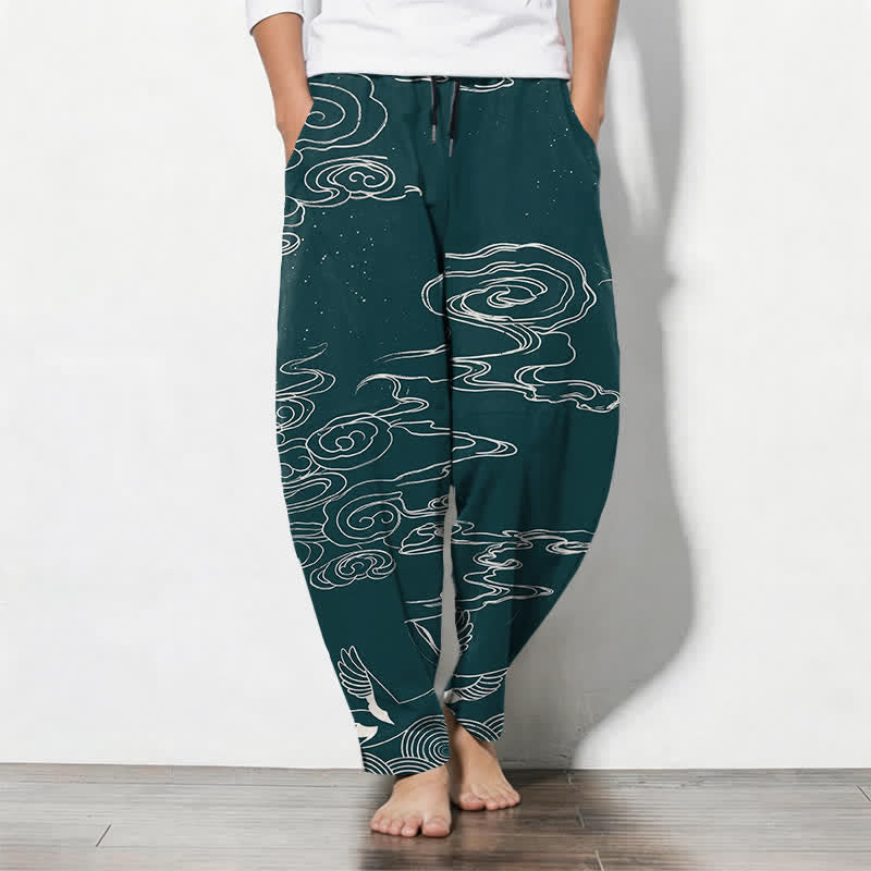 Buddha Stones Pantaloni da uomo affusolati con coulisse e tasche, in puro cotone, con motivo "Nuvola di buon auspicio: Gru", motivo a nuvola e gru. - Verde acqua - US/UK/AU50, EU60 (5XL) - image 11