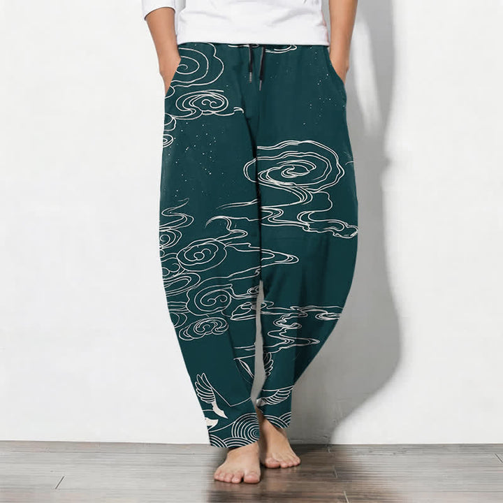 Buddha Stones Pantaloni da uomo affusolati con coulisse e tasche, in puro cotone, con motivo "Nuvola di buon auspicio: Gru", motivo a nuvola e gru. - Verde acqua - US/UK/AU50, EU60 (5XL) - image 11