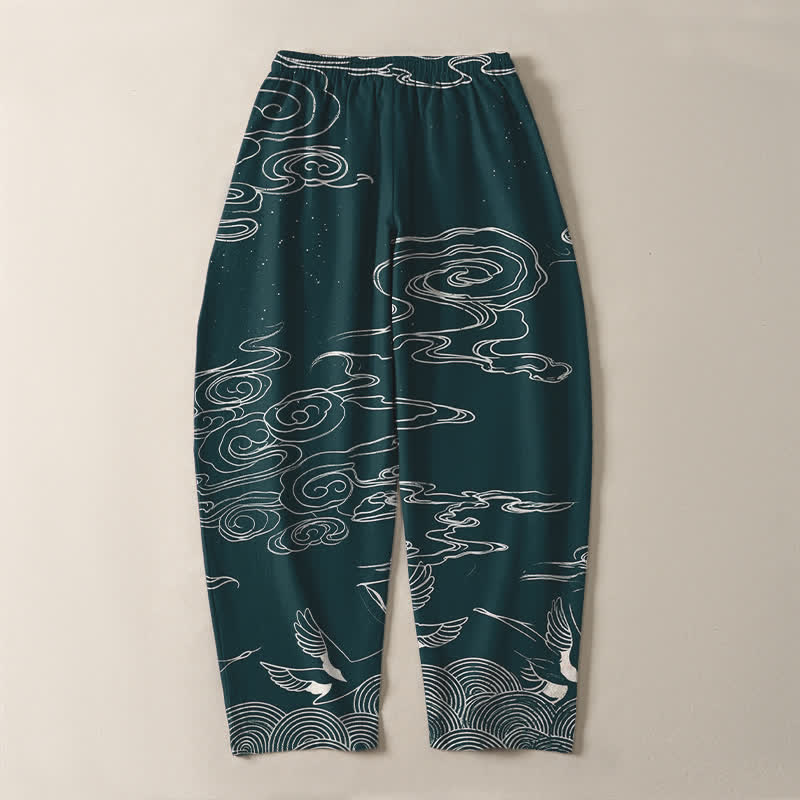 Buddha Stones Pantaloni da uomo affusolati con coulisse e tasche, in puro cotone, con motivo "Nuvola di buon auspicio: Gru", motivo a nuvola e gru. - image 14