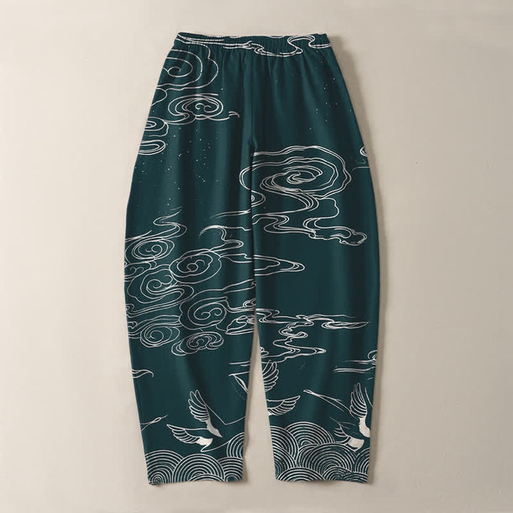Buddha Stones Pantaloni da uomo affusolati con coulisse e tasche, in puro cotone, con motivo "Nuvola di buon auspicio: Gru", motivo a nuvola e gru. - image 14