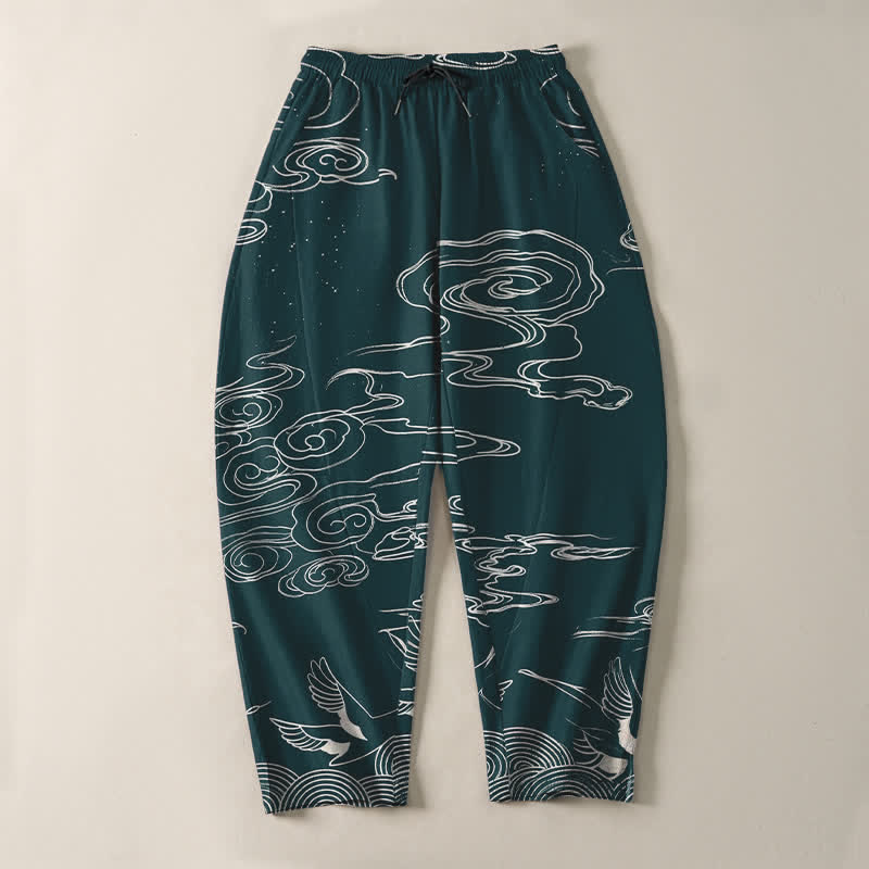 Buddha Stones Pantaloni da uomo affusolati con coulisse e tasche, in puro cotone, con motivo "Nuvola di buon auspicio: Gru", motivo a nuvola e gru. - image 13