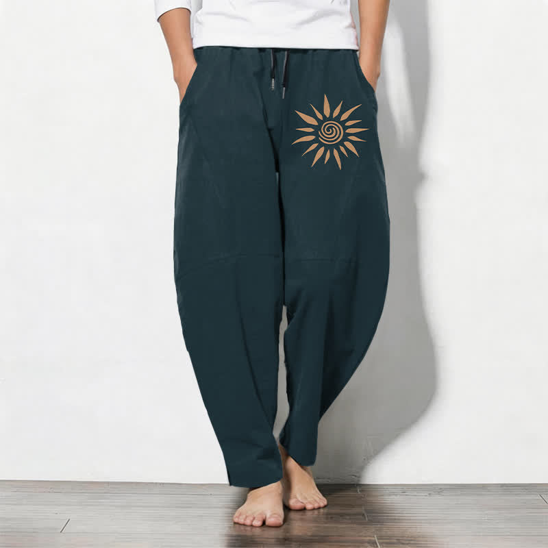 Buddha Stones Pantaloni da uomo affusolati in puro cotone con motivo a spirale e coulisse, con tasche. - Verde acqua - US/UK/AU50, EU60 (5XL) - image 7