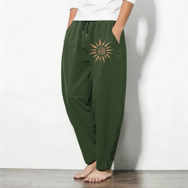 Buddha Stones Pantaloni da uomo affusolati in puro cotone con motivo a spirale e coulisse, con tasche. - image 12