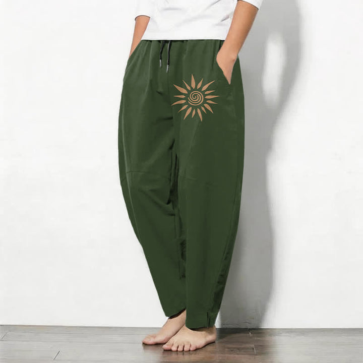 Buddha Stones Pantaloni da uomo affusolati in puro cotone con motivo a spirale e coulisse, con tasche. - image 12
